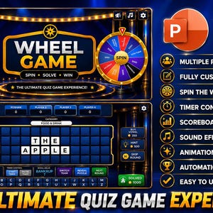 May include: A digital wheel game interface built in PowerPoint featuring a colourful spinning wheel, a letter puzzle board displaying THE APPLE, and a scoreboard. The layout includes game controls, category selection, and a list of features.