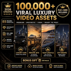 Könnte beinhalten: Eine schwarz-goldene Grafik, die "100.000+ Viral Luxury Video Assets" bewirbt. Das Bild enthält Abschnitte für Luxusautos, Privatjets, Yacht-Lifestyle und Städtenächte. Der Text enthält "Premium, Aesthetic, Viral, Ready to Post" und "PLR + MRR Included."