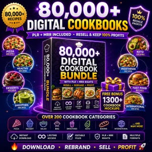 Paquete de más de 80.000 recetas / Más de 200 libros de cocina digitales / Derechos PLR MRR incluidos / Libros electrónicos de recetas / Revéndelos para obtener ganancias