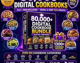 Paquete de más de 80.000 recetas / Más de 200 libros de cocina digitales / Derechos PLR MRR incluidos / Libros electrónicos de recetas / Revéndelos para obtener ganancias
