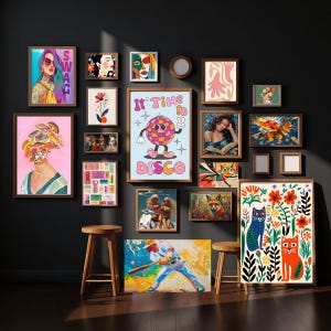 May include: A gallery wall of framed art prints featuring diverse styles, including portraits, abstract art, and a baseball scene. The artwork showcases a range of colours and a retro disco theme.