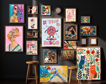 May include: A collection of framed art prints in various sizes and styles, including portraits, abstract designs, and a baseball player. The color palette includes vibrant hues and a retro disco theme.