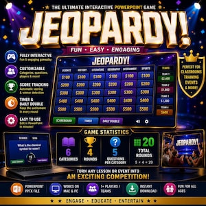 May include: A digital Jeopardy! PowerPoint game template featuring a large game board with categories and dollar values, a laptop displaying a question, and game statistics. The design includes gold text, blue backgrounds, and icons for teams.