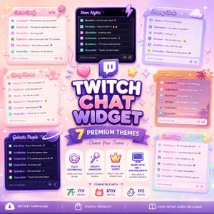Könnte beinhalten: Ein digitales Twitch-Chat-Widget-Produkt mit sieben verschiedenen Themen, darunter Cotton Candy, Neon Nights, Dreamy Clouds, Cherry Blossom, Sunset Glow, Galactic Purple und Pastel Pop, sowie Symbolen für Anpassung und Kompatibilität.
