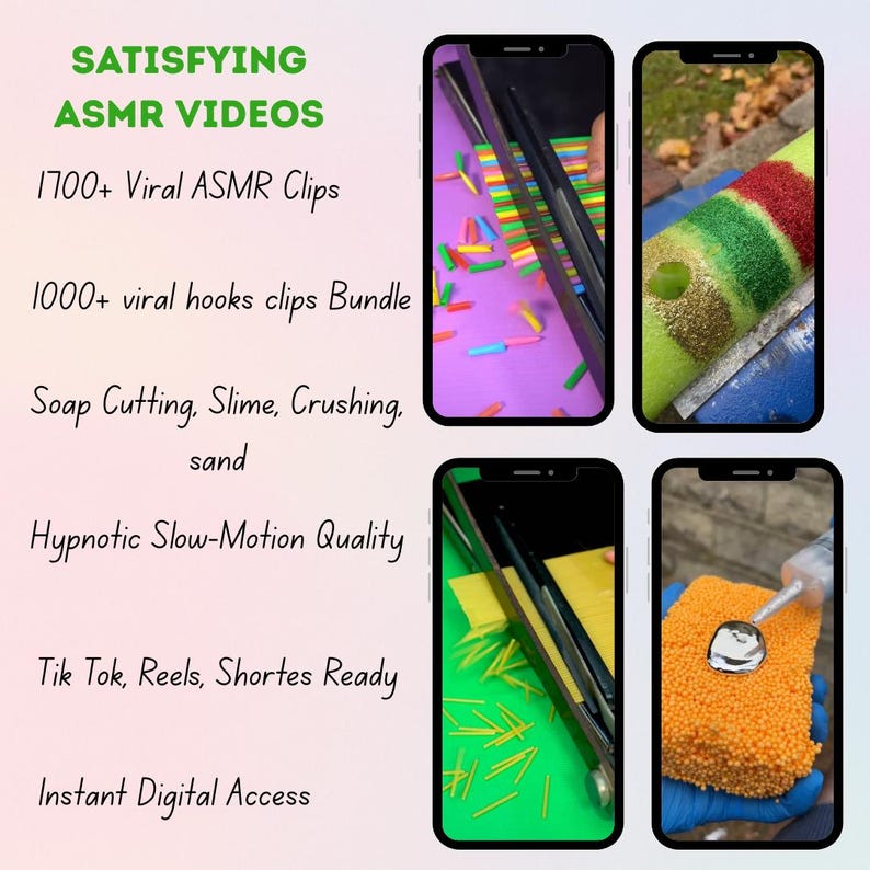 May include: Image promoting ASMR videos. The text reads "Satisfying ASMR Videos" and lists features like "1700+ Viral ASMR Clips" and "Soap Cutting, Slime, Crushing, sand." The image shows various ASMR activities, including cutting and crushing.
