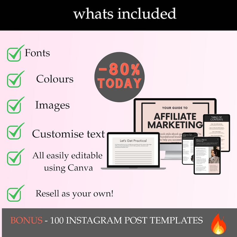 May include: A pink and white graphic with a checklist of features included in a digital product. The checklist includes fonts, colors, images, customizable text, and the ability to resell the product. The graphic also includes a mockup of a digital product titled "Your Guide to Affiliate Marketing" and a bonus of 100 Instagram post templates.