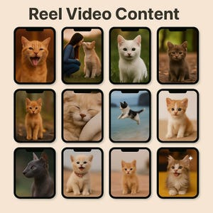 May include: Ten smartphone screens showcasing cat images. The screens display different cat breeds and colours, such as ginger, white, grey, and tortoiseshell. The text "Reel Video Content" is at the top of the image.