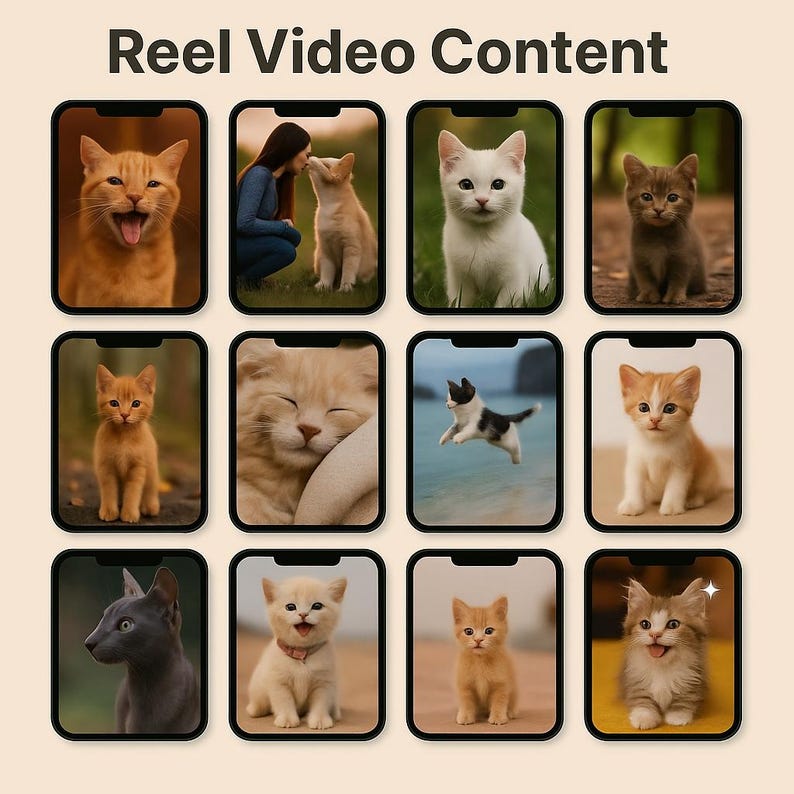 May include: Ten smartphone screens showcasing cat images. The screens display different cat breeds and colours, such as ginger, white, grey, and tortoiseshell. The text "Reel Video Content" is at the top of the image.