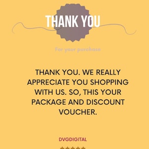 Może przedstawiać: Ż&oacute;łte tło z białymi słowami "THANK YOU" nad tekstem "For your purchase". Wiadomość brzmi: "THANK YOU. WE REALLY APPRECIATE YOU SHOPPING WITH US. SO, THIS YOUR PACKAGE AND DISCOUNT VOUCHER."