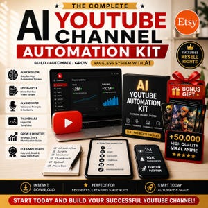 Op de afbeelding: Een advertentie voor een AI YouTube Automation Kit. De afbeelding toont een laptop met YouTube-analyses, een tablet, een smartphone en een boxset. Tekst bevat "Build, Automate, Grow" en "Faceless System with AI."