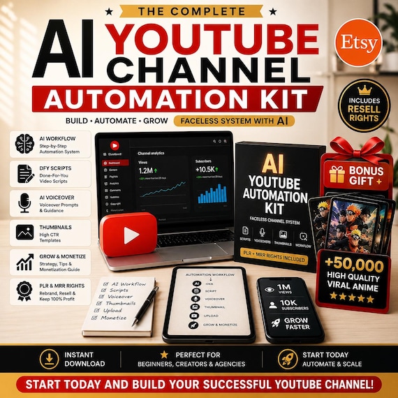 AI YouTube Automation Kit | Faceless Channel System | Scripts Voiceovers Thumbnails Workflow | PLR MRR Digital Download