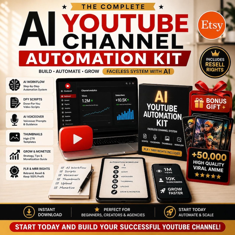AI YouTube Automation Kit with faceless channel workflow, scripts, AI voiceovers, thumbnails, PLR MRR rights and YouTube growth tools