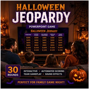 May include: A digital Halloween Jeopardy PowerPoint game featuring a purple and orange grid with categories like Monsters and Spooky Places. The screen displays 30 rounds, interactive team gameplay, automated scoring, and sound effects text.