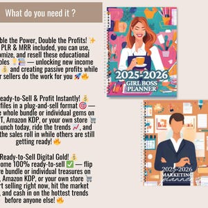 May include: Image features two planners with spiral binding. One planner is titled "2025-2026 GIRL BOSS PLANNER" and the other is "2025-2026 MARKETING Planner". Text on the image promotes digital products for Etsy, TPT, and Amazon KDP, including PLR and MRR.