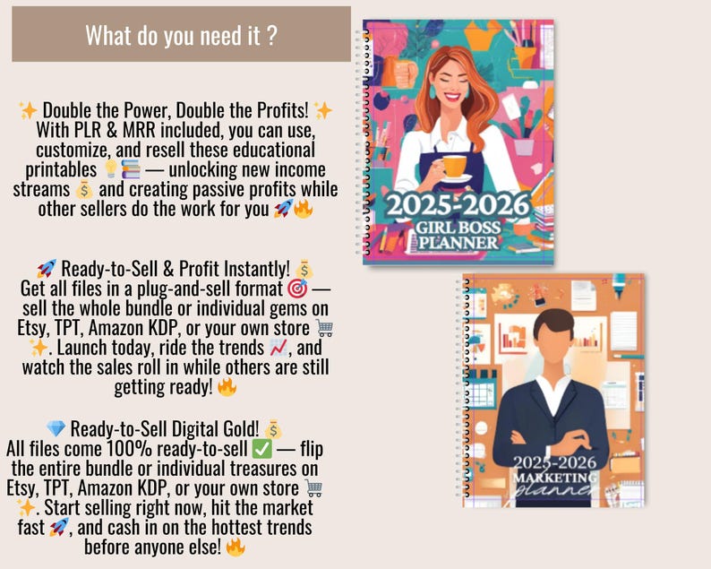 May include: Image features two planners with spiral binding. One planner is titled "2025-2026 GIRL BOSS PLANNER" and the other is "2025-2026 MARKETING Planner". Text on the image promotes digital products for Etsy, TPT, and Amazon KDP, including PLR and MRR.