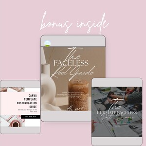May include: A digital marketing bundle featuring three guides: "The Faceless Reel Guide," a Canva template customization guide, and "The Ultimate Faceless Post Planner." The guides have a neutral color palette with text overlays on a pink background.