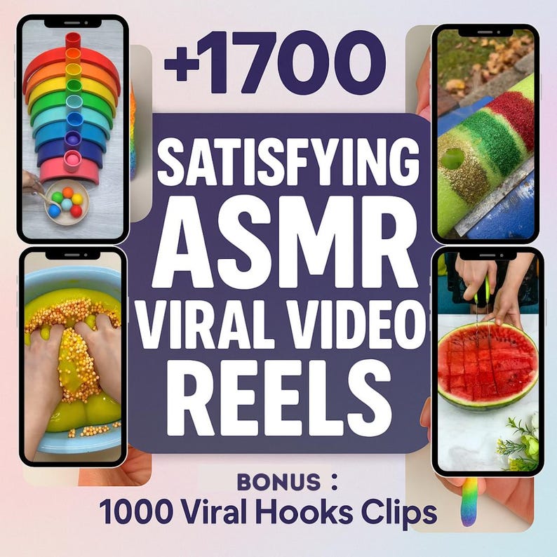 May include: A promotional image for ASMR content featuring various satisfying videos. The image includes a rainbow-colored stacking toy, slime, a layered dessert, and a watermelon cut into squares. Text on the image reads "SATISFYING ASMR VIRAL VIDEO REELS".