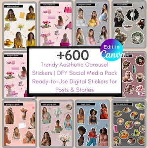 Könnte beinhalten: Eine digitale Produktanzeige mit über 600 trendigen ästhetischen Karussell-Stickern. Die Sticker sind für Social-Media-Posts und -Stories konzipiert. Das Bild enthält verschiedene Themen wie "golden sunshine" und "beach babes".