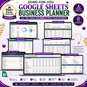 Può includere: Un pacchetto di pianificazione aziendale digitale con oltre 500 modelli Google Sheets ed Excel. Il display mostra vari cruscotti di monitoraggio finanziario, tra cui budget personale, cassa, analisi dei gap, fatture e conto economico.