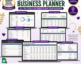 May include: A digital business planner bundle featuring over 500 Google Sheets and Excel templates. The display shows various financial tracking dashboards including personal budget, petty cash log, gap analysis, invoice tracker, and profit and loss.