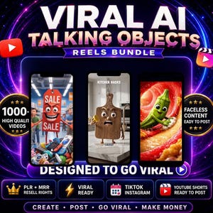 Puede incluir: Gráfico promocional para un "Viral AI Talking Objects Reels Bundle". La imagen presenta tres pantallas de teléfonos inteligentes que muestran objetos animados, incluyendo una etiqueta de precio parlante, una tabla de cortar y un pimiento verde. El texto incluye "Designed to Go Viral" e iconos de redes sociales.