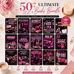 May include: A collection of 15 digital e-books with pink and black covers, promoting business and marketing topics. Titles include "How to Make Money Online" and "How to Sell on Instagram." The image also features a coffee cup, a candle, and a pink flower.