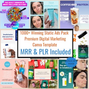 May include: A collage of product advertisements. Featured are skincare products, protein-infused coffee, and a bowl of colorful cereal. Text includes "1000+ Winning Static Ads Pack" and "MRR & PLR Included."