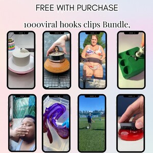May include: A promotional image with the text "FREE WITH PURCHASE" and "1000viral hooks clips Bundle." The image features multiple smartphone screens displaying various scenes, including a cake, a person, and a soccer game.