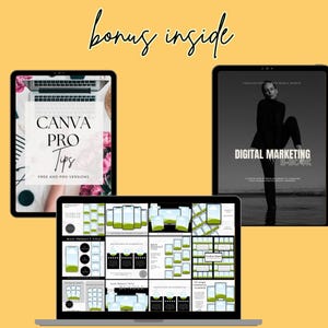 Może przedstawiać: E-book o marketingu cyfrowym i wskaz&oacute;wki Canva Pro są wyświetlane na tabletach i laptopie na ż&oacute;łtym tle. Tekst "bonus inside" jest napisany kursywą. Ekran laptopa pokazuje szablon produktu.