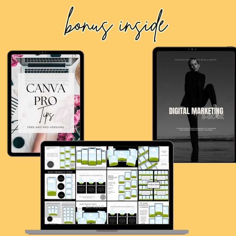 Może przedstawiać: E-book o marketingu cyfrowym i wskaz&oacute;wki Canva Pro są wyświetlane na tabletach i laptopie na ż&oacute;łtym tle. Tekst "bonus inside" jest napisany kursywą. Ekran laptopa pokazuje szablon produktu.