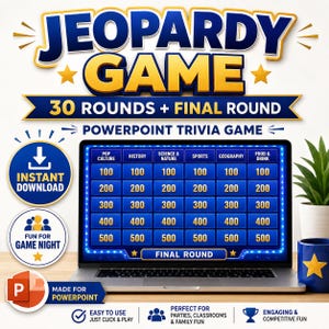 Pode incluir: Um modelo digital de jogo Jeopardy para PowerPoint com um tabuleiro azul que inclui categorias como Cultura Pop, História e Ciência e Natureza. O ecrã mostra valores de 100 a 500 e um botão Final Round num computador portátil.