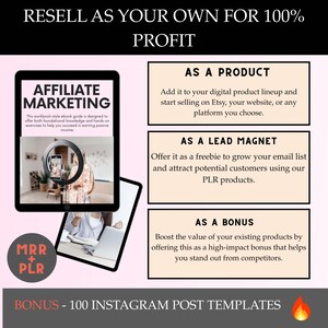 May include: A pink and white graphic with the text "Resell as your own for 100% Profit" and "Affiliate Marketing". The graphic shows a digital product that can be used as a product, lead magnet, or bonus. The graphic also includes the text "MRR + PLR" and "Bonus - 100 Instagram Post Templates".