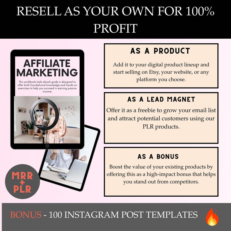 May include: A pink and white graphic with the text "Resell as your own for 100% Profit" and "Affiliate Marketing". The graphic shows a digital product that can be used as a product, lead magnet, or bonus. The graphic also includes the text "MRR + PLR" and "Bonus - 100 Instagram Post Templates".