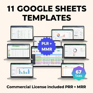 Może przedstawiać: Obraz przedstawiający 11 szablonów Arkuszy Google na laptopach. Tekst brzmi "11 Google Sheets Templates" i "Commercial License included PRR + MRR". Niebieski grafika w kształcie gwiazdy brzmi "PLR + MMR", a fioletowy sześciokątny grafika brzmi "67 Tabs."