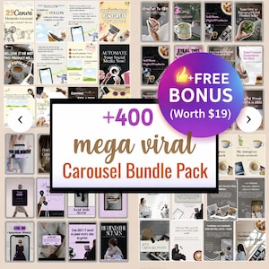 Könnte beinhalten: Ein digitales Produktpaket mit dem Text "+400 mega viral Carousel Bundle Pack" und "+KOSTENLOSER BONUS (Wert 19 $)". Das Bild zeigt verschiedene Social-Media-Marketing-Grafiken und -Symbole, darunter Canva, Pinterest und Instagram.