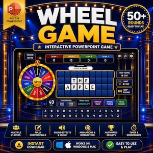 Può includere: Un gioco a ruota interattivo per PowerPoint con una ruota dei premi colorata, un tabellone di lettere che mostra THE APPLE, segnapunti per le squadre e una tastiera alfabetica completa. L'interfaccia include controlli del timer e pulsanti di navigazione.