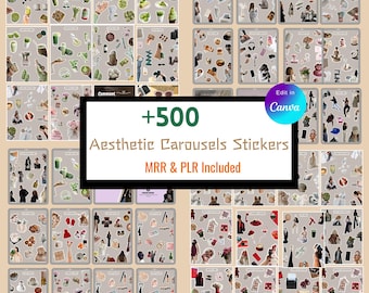 500+Canva Aesthetic Stickers Bundle|Instagram Carousel Stickers, Social Media Elements for Reels & Pinterest|Editable Canva Stickers|PLR MRR