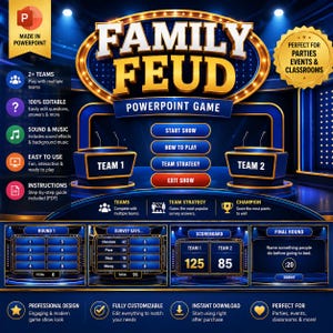 May include: A digital Family Feud PowerPoint game template featuring a blue and gold game show interface with two podiums, navigation buttons for start, instructions, and strategy, plus sample round, survey, scoreboard, and final round screens.