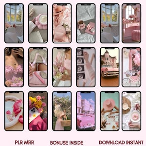 May include: A collection of phone screen images with a pink aesthetic. The images feature various objects and scenes, including flowers, accessories, and a vintage car. Text on the bottom reads "PLR MRR", "BONUSE INSIDE", and "DOWNLOAD INSTANT".