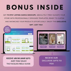 May include: A digital marketing graphic with the text "BONUS INSIDE" and information about Etsy listing Canva mockups. The image shows a tablet and a laptop displaying mockups and the text "WITH RESELL RIGHTS".