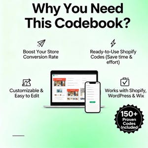 May include: A promotional image with the text "Why You Need This Codebook?" and bullet points highlighting features like boosting conversion rates and ready-to-use Shopify codes. A laptop and smartphone display the codebook's interface.