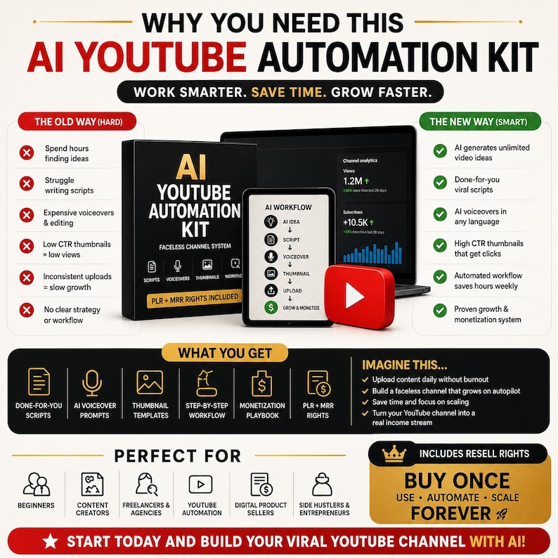 YouTube AI automation bundle including done for you scripts, AI voiceover prompts, thumbnail templates and monetization workflow