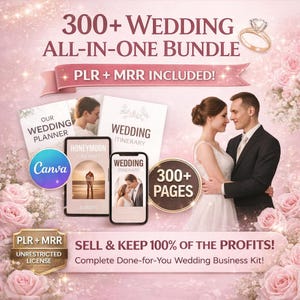 Op de afbeelding: Een promotieafbeelding voor een trouwbedrijfspakket. De afbeelding toont een stel, materialen voor huwelijksplanning en de tekst "300+ WEDDING ALL-IN-ONE BUNDLE". Het bevat een trouwringafbeelding en de tekst "PLR + MRR INCLUDED!"