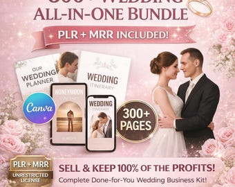 All In One Wedding Planner Bundle Canva Templates, PLR MRR Resell Rights Wedding Invitations Editable, 300 Pages DIY Bride Kit
