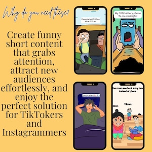 Może przedstawiać: Ż&oacute;łte tło z tekstem i czterema ekranami smartfon&oacute;w wyświetlającymi humorystyczne ilustracje. Tekst promuje tworzenie treści dla TikTok i Instagram. Ekrany pokazują scenariusze z tekstem "Dlaczego ich potrzebujesz?".