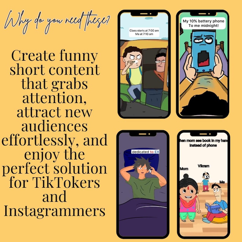 Może przedstawiać: Ż&oacute;łte tło z tekstem i czterema ekranami smartfon&oacute;w wyświetlającymi humorystyczne ilustracje. Tekst promuje tworzenie treści dla TikTok i Instagram. Ekrany pokazują scenariusze z tekstem "Dlaczego ich potrzebujesz?".