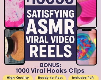 Può includere: Un pacchetto di prodotti digitali con 10000 SATISFYING ASMR VIRAL VIDEO REELS e un bonus di 1000 Viral Hooks Clips. La grafica include quattro schermi di smartphone che mostrano texture colorate e attività sensoriali, con etichette per High-Quality Footage, Ready-to-Post Reels e Includes PLR & MRR.
