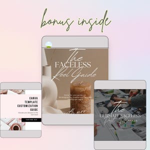 May include: Digital marketing guides with the text "The Faceless Reel Guide" and "The Ultimate Faceless Post Planner." A "Canva Template Customization Guide" is also shown. The guides are on a light pink and beige background with a decorative candle.