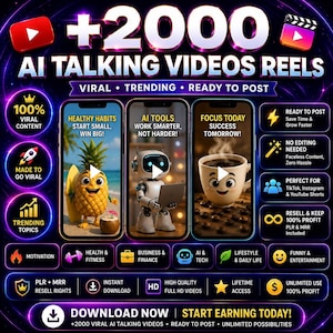 May include: Promotional graphic for AI talking videos reels. The image features three mock-up phone screens with animated characters. Text includes "+2000", "Viral", "Trending", and "Ready to Post". Additional icons and text promote features like instant download and unlimited use.