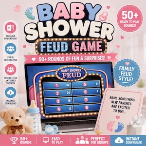 May include: A digital baby shower feud game displayed on a laptop screen, featuring a game board with numbered point slots. The graphic includes a teddy bear, a baby bottle, a pacifier, and a card with the text: Name something new parents are excited to buy.